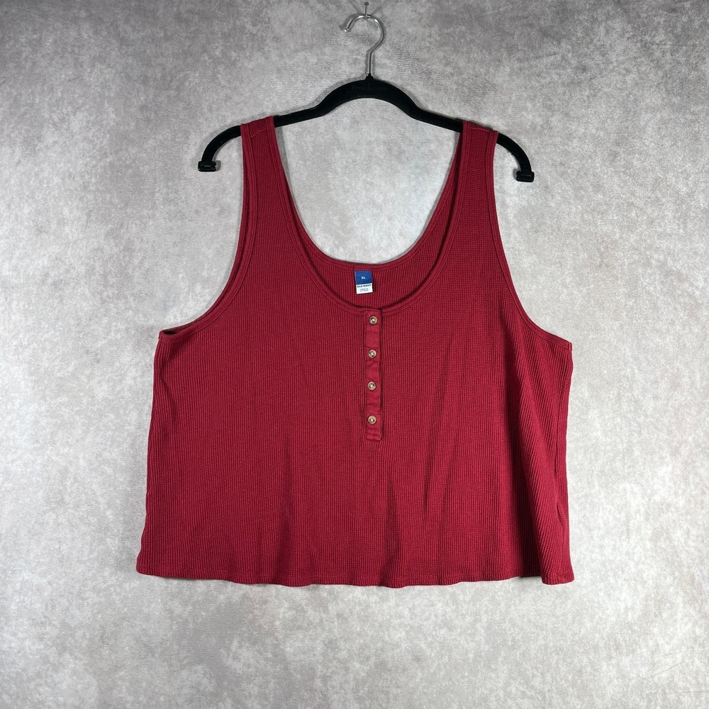 Old Navy Tank Top Womens Size‎ XL Red Waffle Knit Henley Cropped Casual Stretch